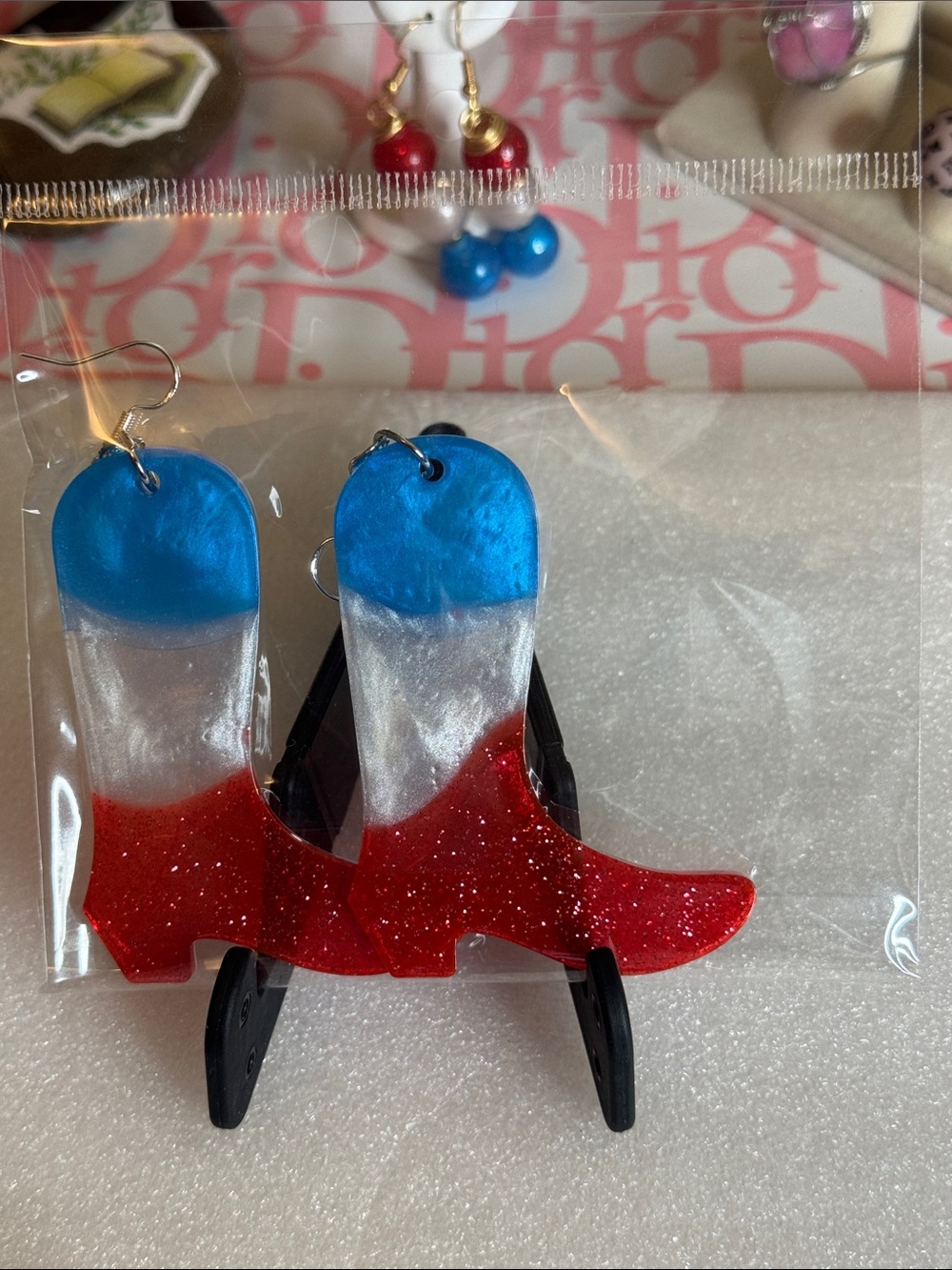 Patriotic Red White Blue Cowboy Boot Earrings